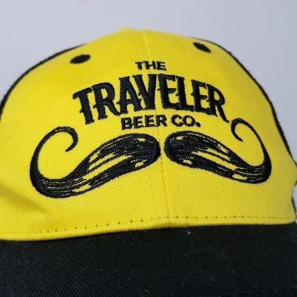 The Traveler Beer Co Trucker Mesh Snap Back Baseball Hat Mustache Black Yellow - Picture 2 of 10